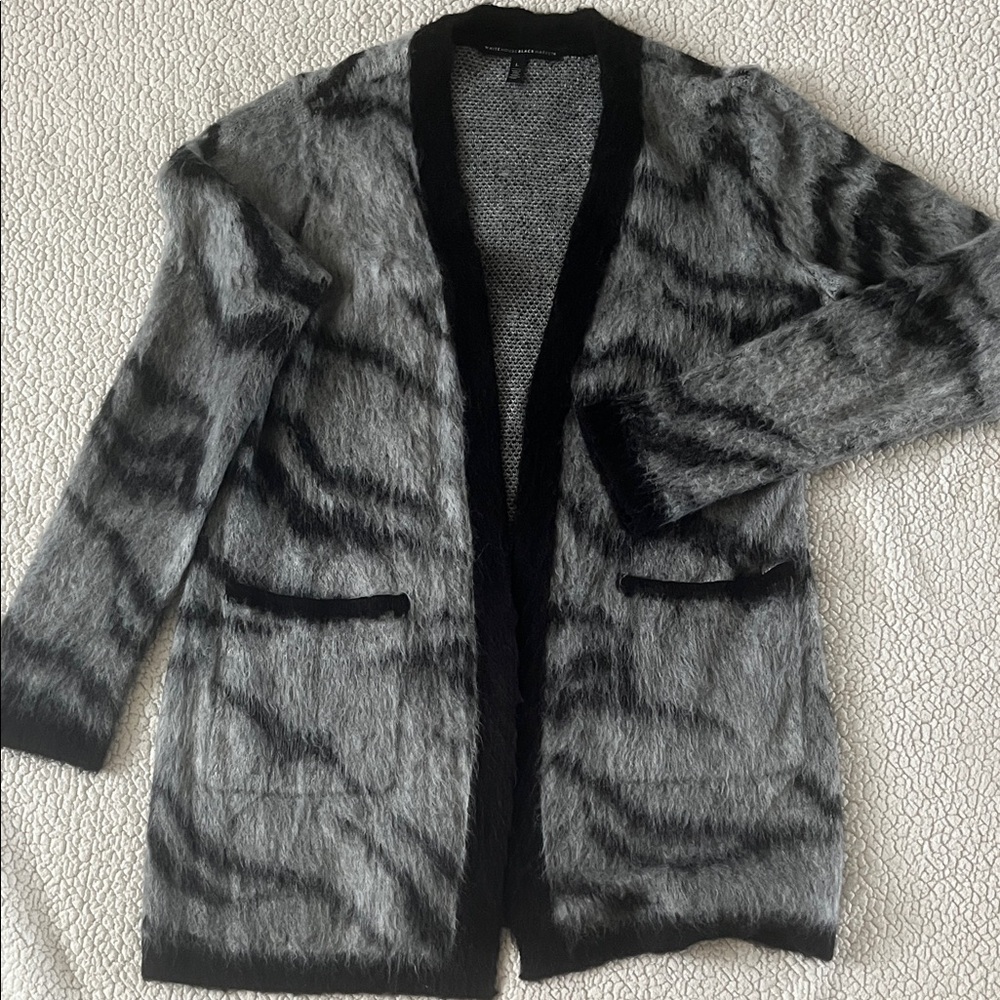 White House Black Market Fuzzy Gray and Black Cardigan